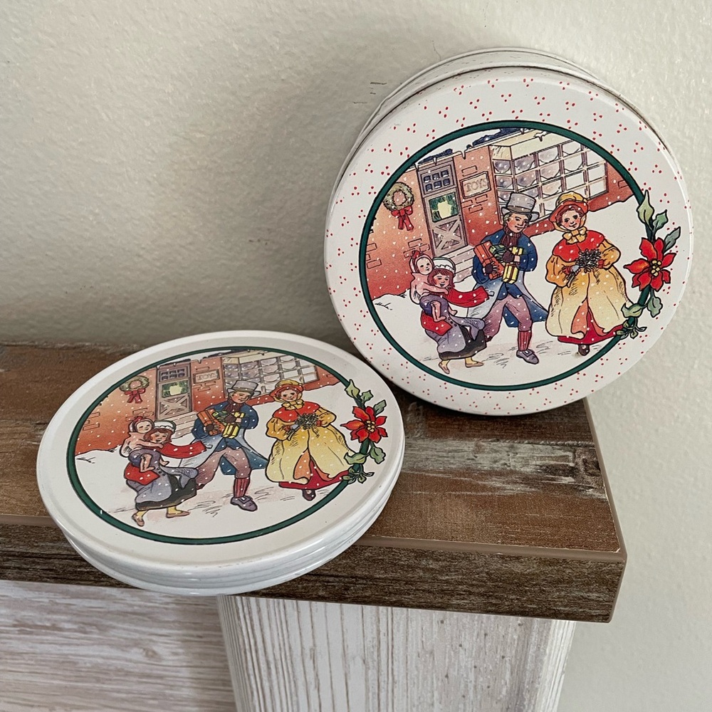 Vintage Christmas Coasters Tin Box Company Cork back 1987